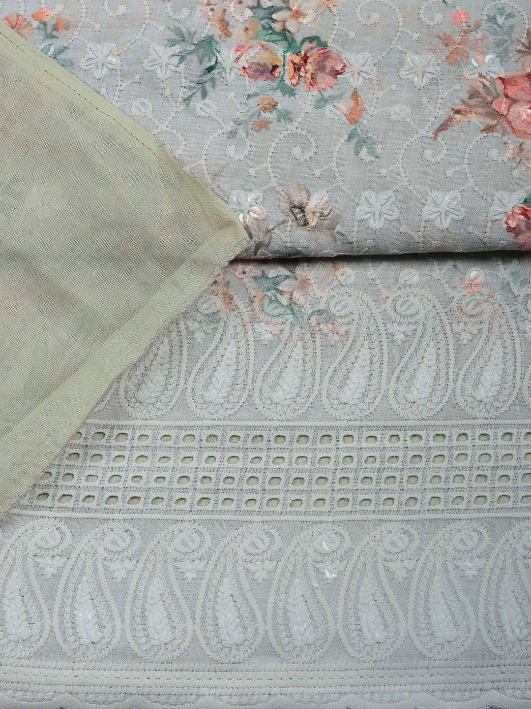 Aqua Embroidered Cotton Blend Unstitched Suit &amp; Pant With Cotton Dupatta