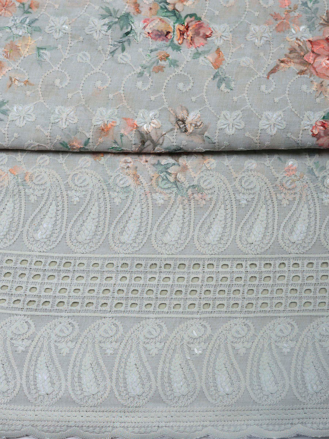 Aqua Embroidered Cotton Blend Unstitched Suit &amp; Pant With Cotton Dupatta