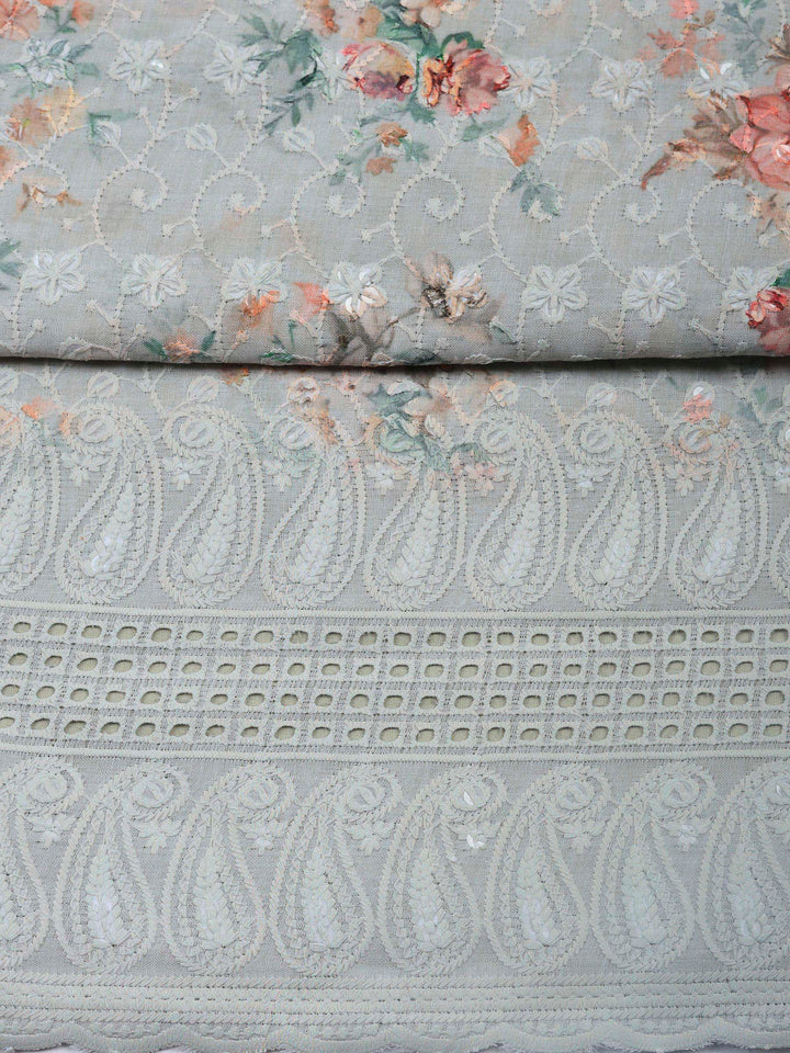 Aqua Embroidered Cotton Blend Unstitched Suit &amp; Pant With Cotton Dupatta
