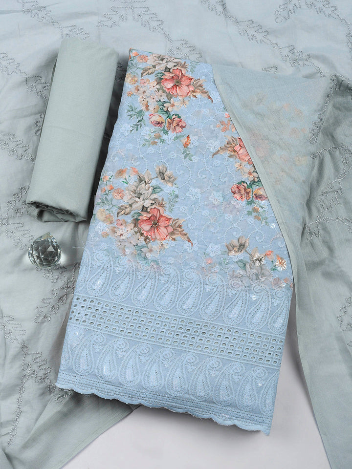Grey Embroidered Cotton Blend Unstitched Suit &amp; Pant With Cotton Dupatta
