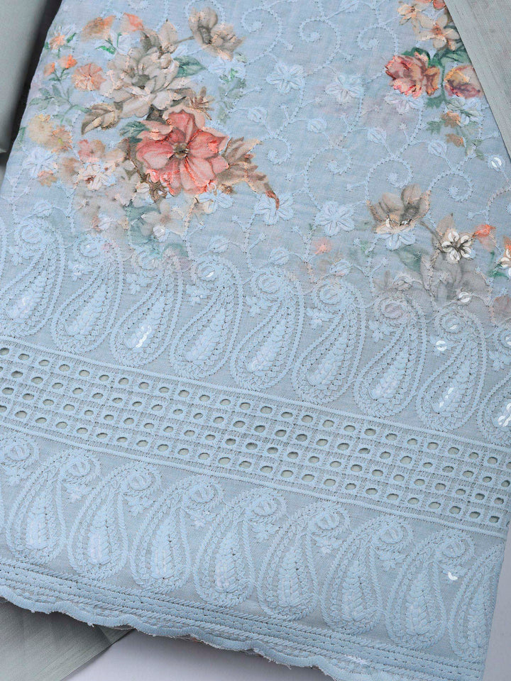 Grey Embroidered Cotton Blend Unstitched Suit &amp; Pant With Cotton Dupatta