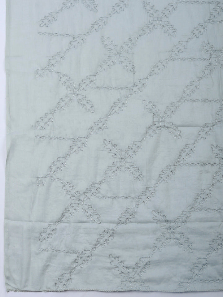 Grey Embroidered Cotton Blend Unstitched Suit &amp; Pant With Cotton Dupatta
