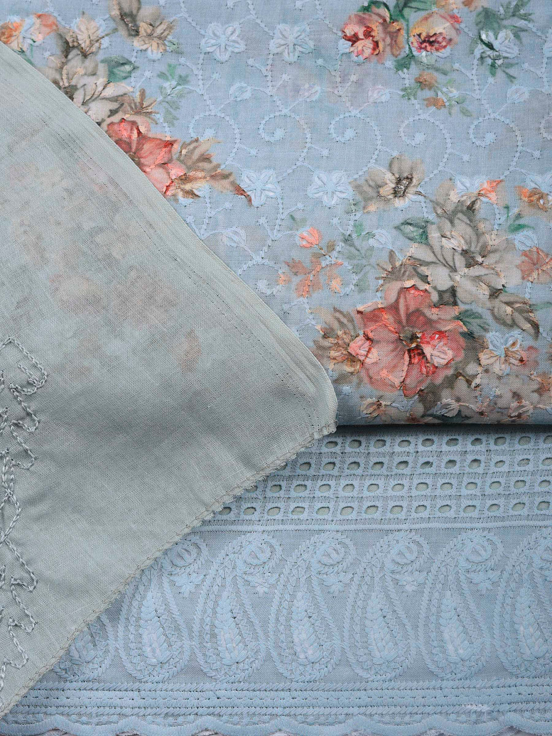 Grey Embroidered Cotton Blend Unstitched Suit &amp; Pant With Cotton Dupatta