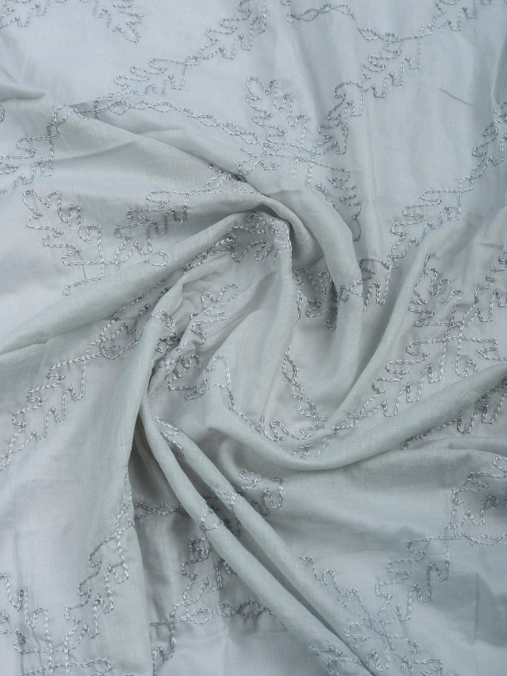 Grey Embroidered Cotton Blend Unstitched Suit &amp; Pant With Cotton Dupatta