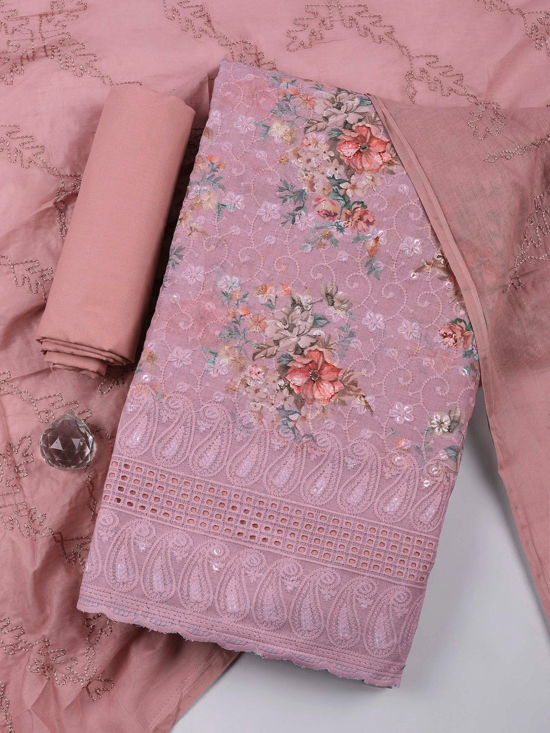 Onion Pink Embroidered Cotton Blend Unstitched Suit &amp; Pant With Cotton Dupatta