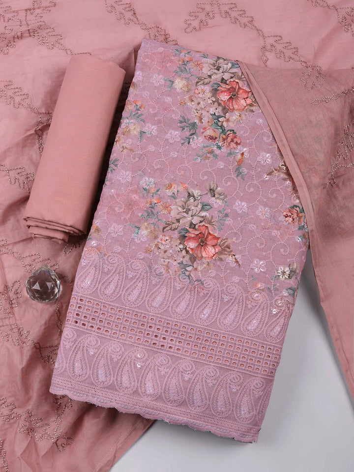 Onion Pink Embroidered Cotton Blend Unstitched Suit &amp; Pant With Cotton Dupatta