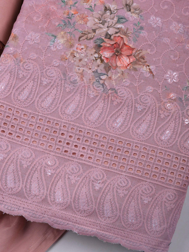 Onion Pink Embroidered Cotton Blend Unstitched Suit &amp; Pant With Cotton Dupatta