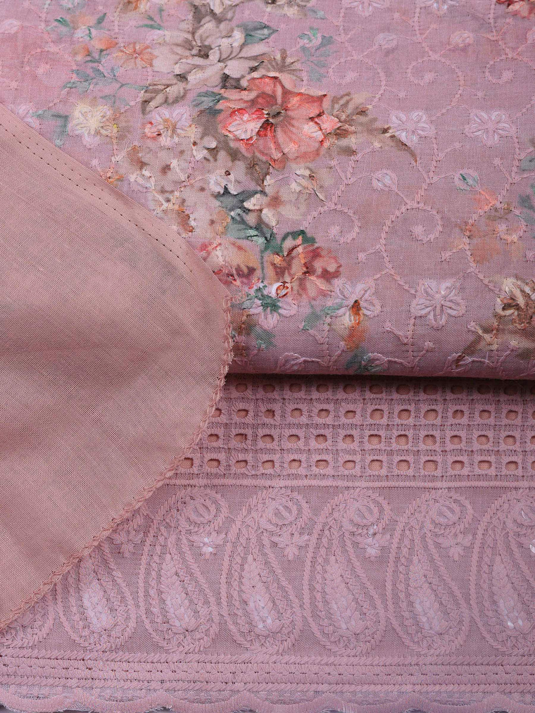 Onion Pink Embroidered Cotton Blend Unstitched Suit &amp; Pant With Cotton Dupatta