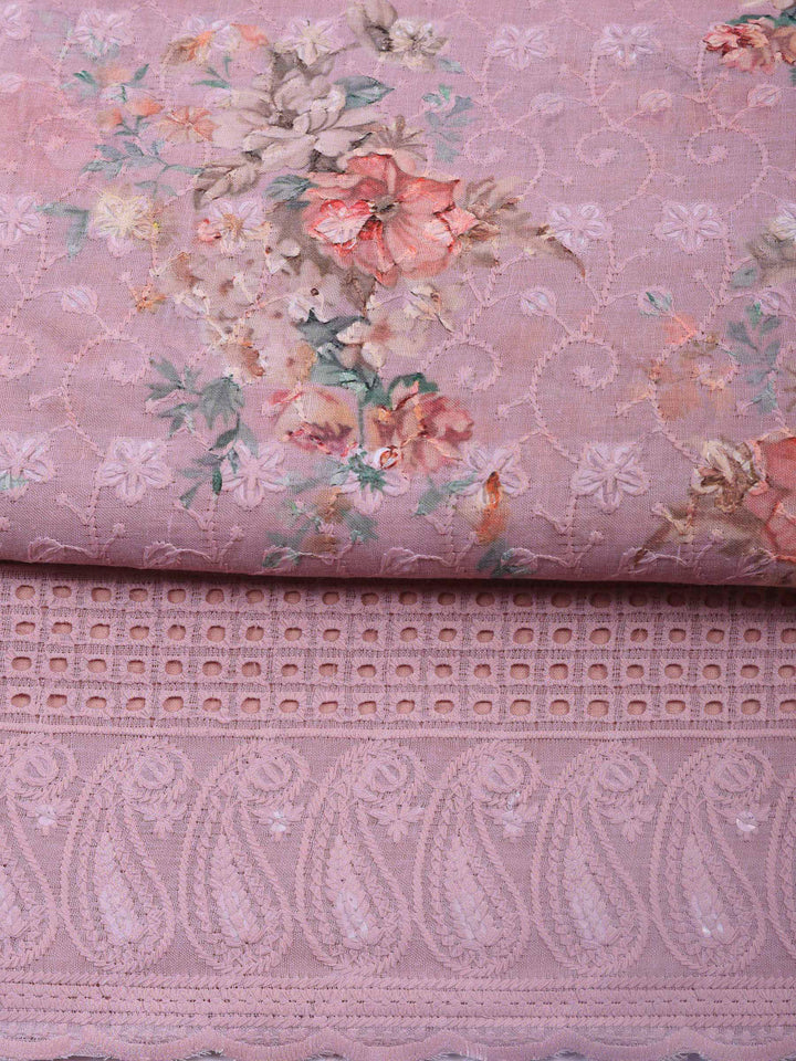 Onion Pink Embroidered Cotton Blend Unstitched Suit &amp; Pant With Cotton Dupatta