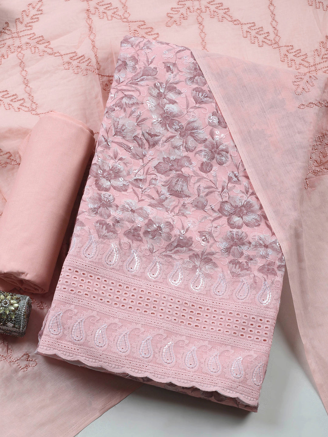 Peach Printed Cotton Blend Unstitched Suit &amp; Pant With Cotton Dupatta