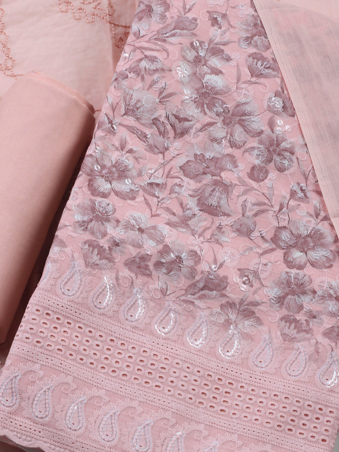 Peach Printed Cotton Blend Unstitched Suit &amp; Pant With Cotton Dupatta