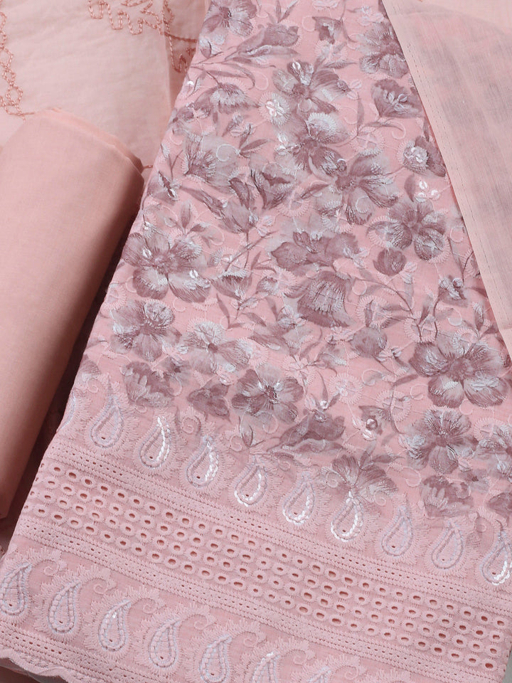 Peach Printed Cotton Blend Unstitched Suit &amp; Pant With Cotton Dupatta