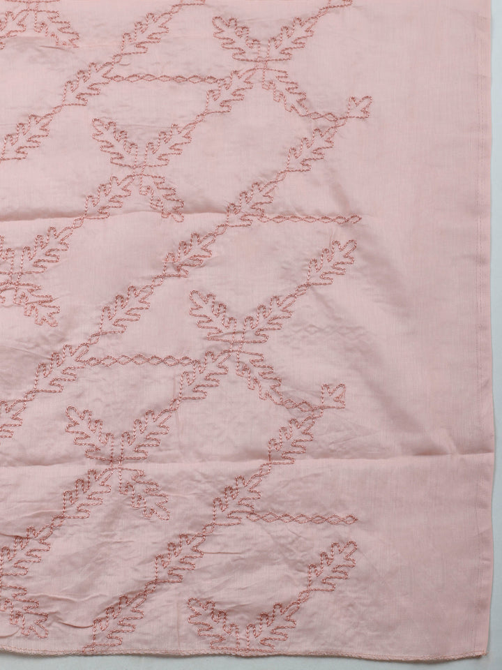 Peach Printed Cotton Blend Unstitched Suit &amp; Pant With Cotton Dupatta