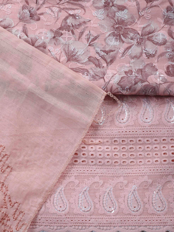 Peach Printed Cotton Blend Unstitched Suit &amp; Pant With Cotton Dupatta