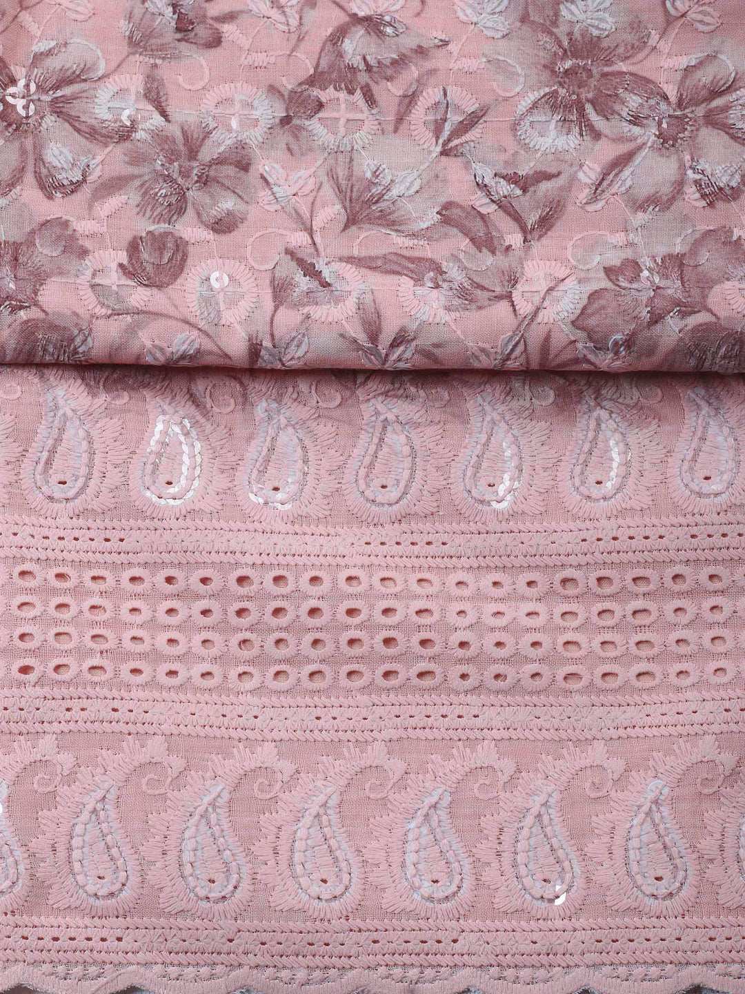 Peach Printed Cotton Blend Unstitched Suit &amp; Pant With Cotton Dupatta