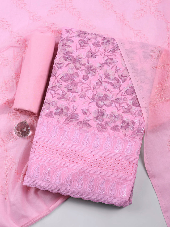 Pink Printed Cotton Blend Unstitched Suit &amp; Pant With Cotton Dupatta