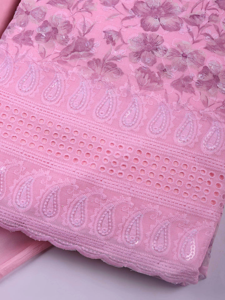 Pink Printed Cotton Blend Unstitched Suit &amp; Pant With Cotton Dupatta