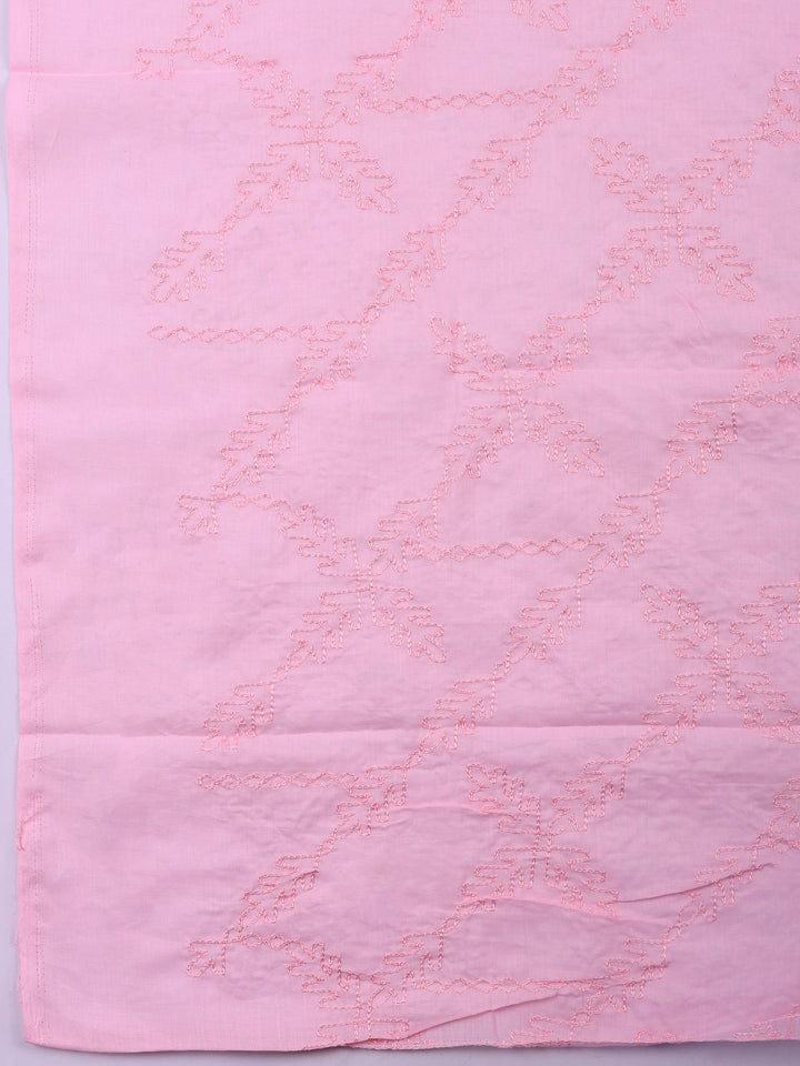 Pink Printed Cotton Blend Unstitched Suit &amp; Pant With Cotton Dupatta