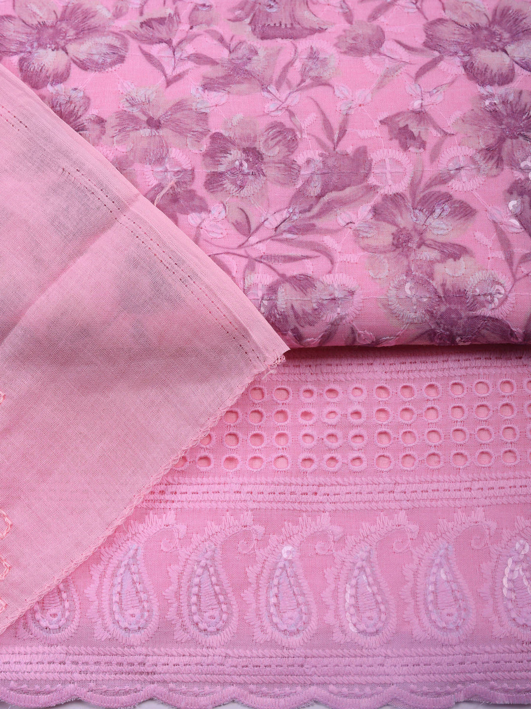 Pink Printed Cotton Blend Unstitched Suit &amp; Pant With Cotton Dupatta