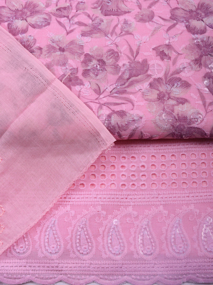 Pink Printed Cotton Blend Unstitched Suit &amp; Pant With Cotton Dupatta
