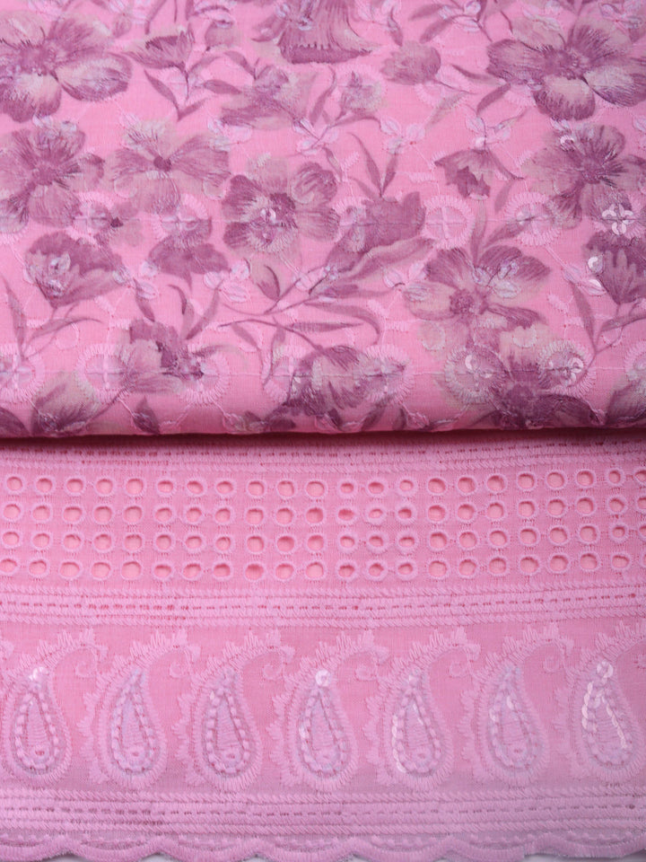 Pink Printed Cotton Blend Unstitched Suit &amp; Pant With Cotton Dupatta