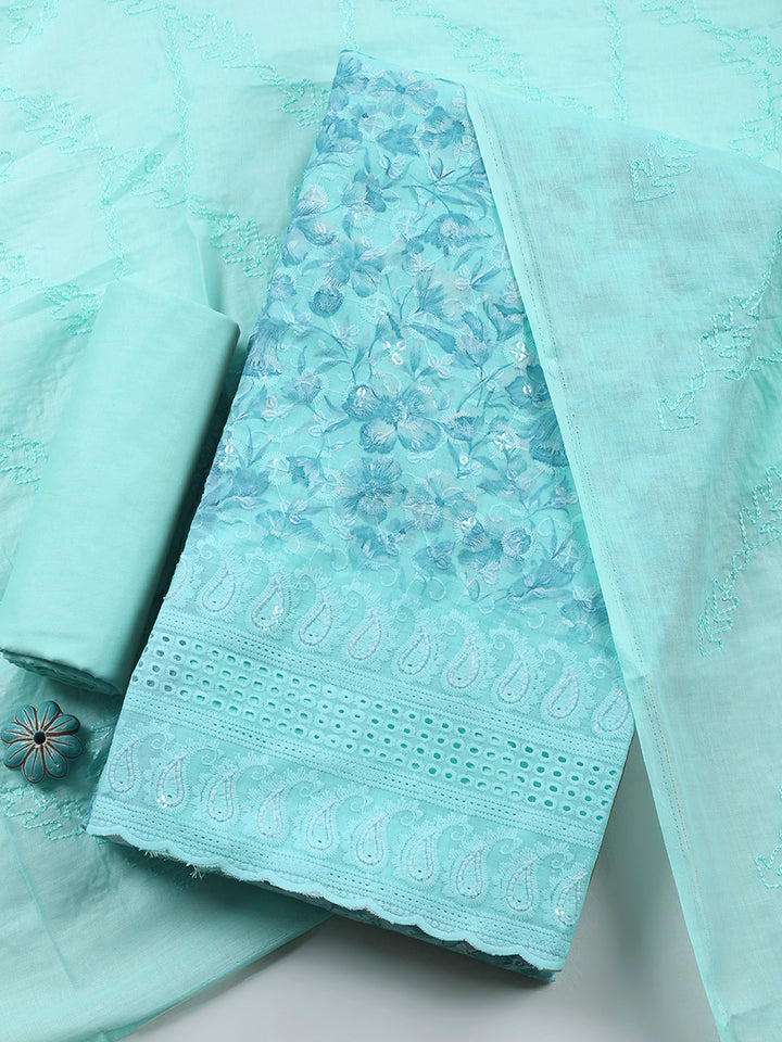 Sea Green Printed Cotton Blend Unstitched Suit &amp; Pant With Cotton Dupatta