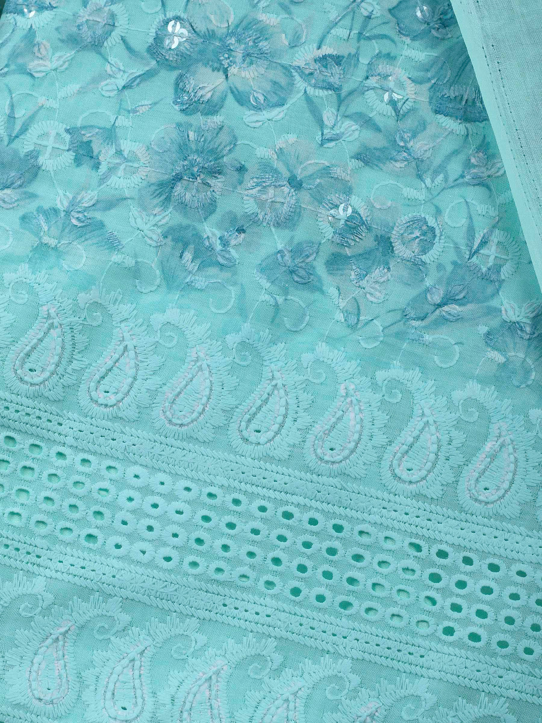 Sea Green Printed Cotton Blend Unstitched Suit &amp; Pant With Cotton Dupatta