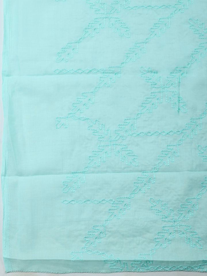 Sea Green Printed Cotton Blend Unstitched Suit &amp; Pant With Cotton Dupatta