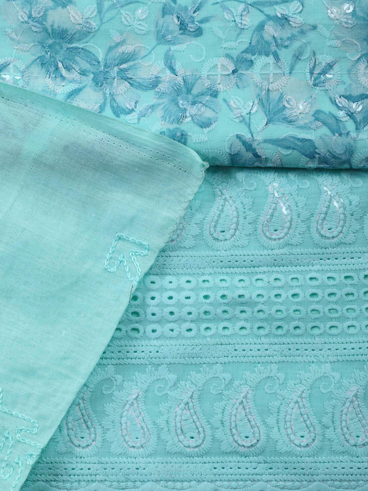 Sea Green Printed Cotton Blend Unstitched Suit &amp; Pant With Cotton Dupatta