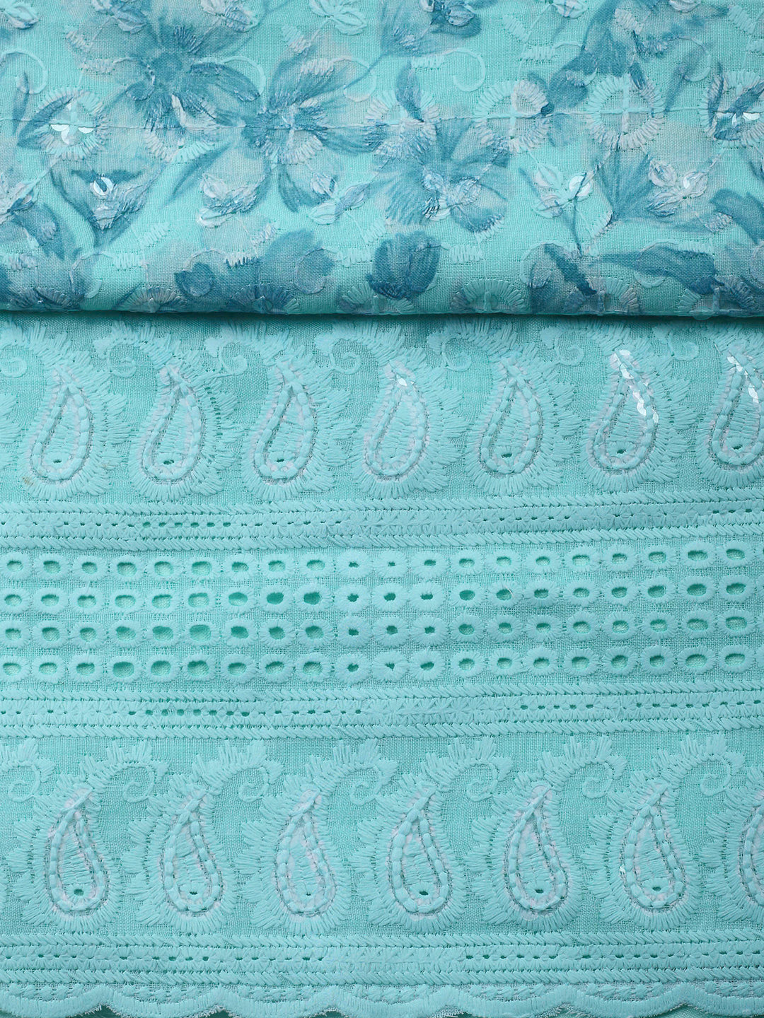 Sea Green Printed Cotton Blend Unstitched Suit &amp; Pant With Cotton Dupatta