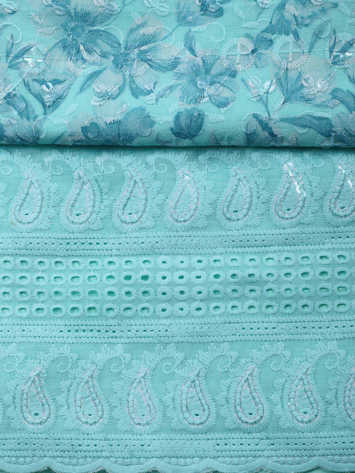 Sea Green Printed Cotton Blend Unstitched Suit &amp; Pant With Cotton Dupatta