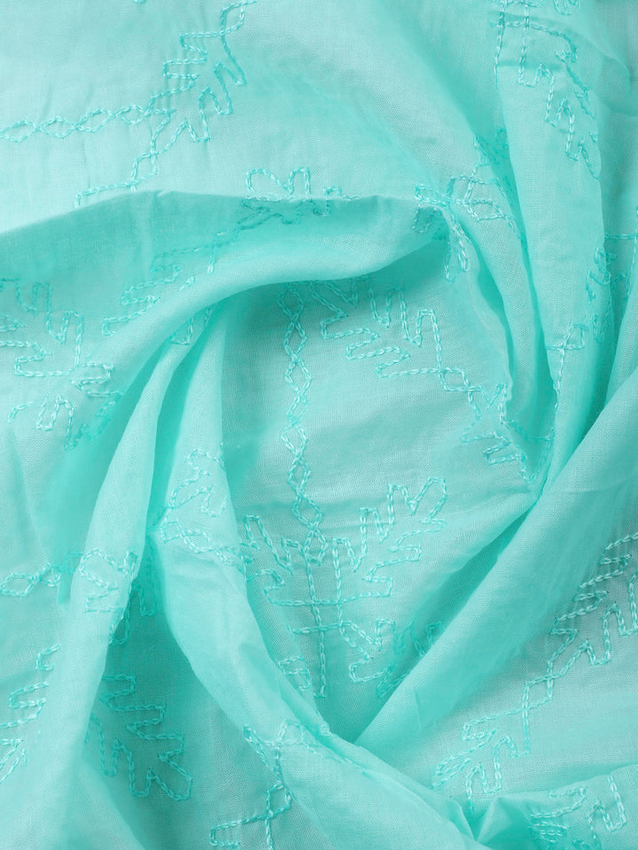 Sea Green Printed Cotton Blend Unstitched Suit &amp; Pant With Cotton Dupatta