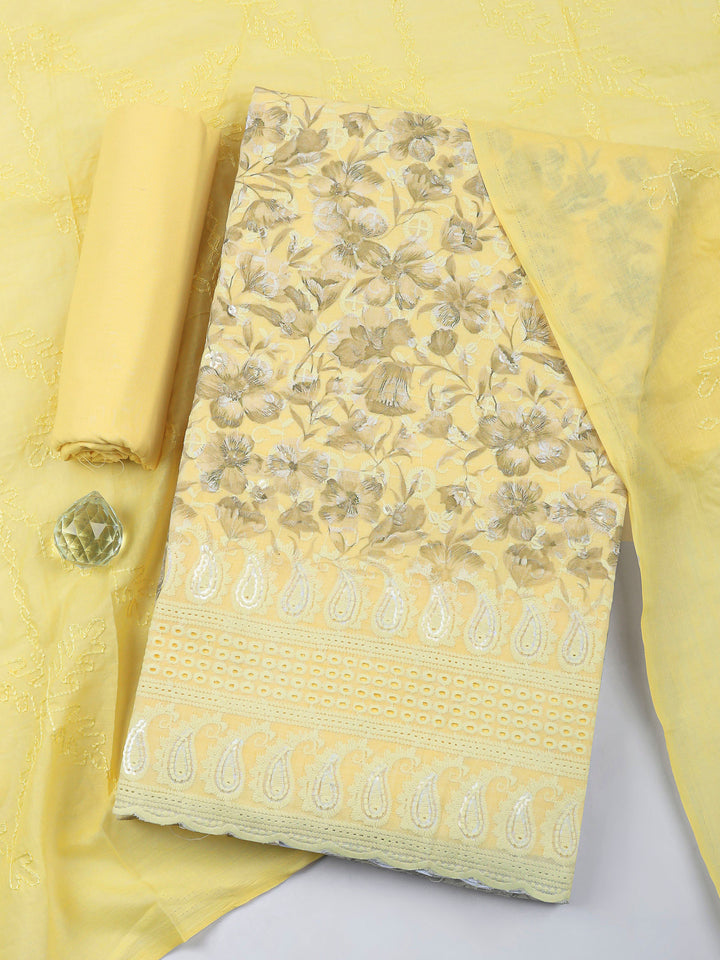 Yellow Printed Cotton Blend Unstitched Dress Material
