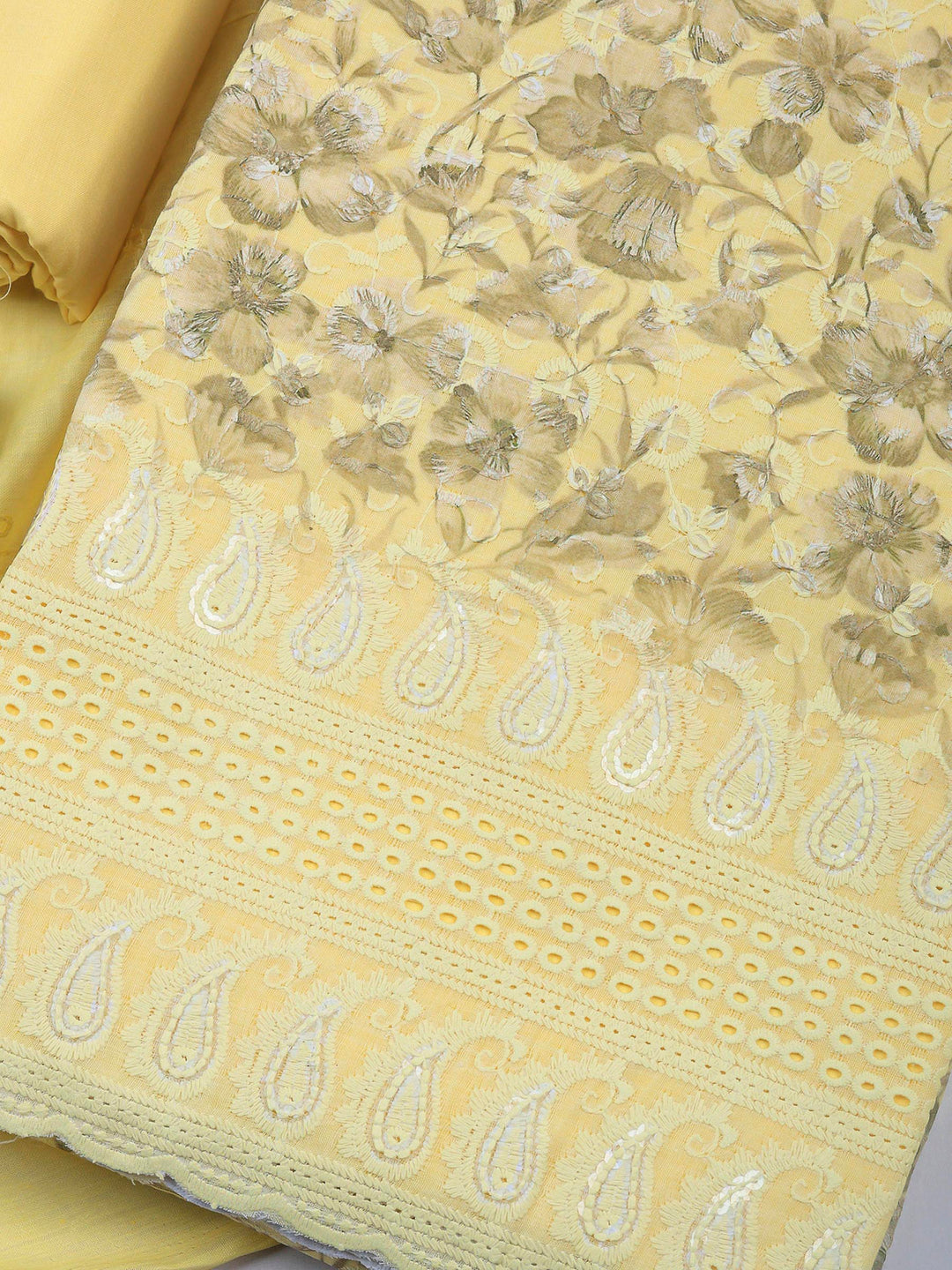 Yellow Printed Cotton Blend Unstitched Dress Material