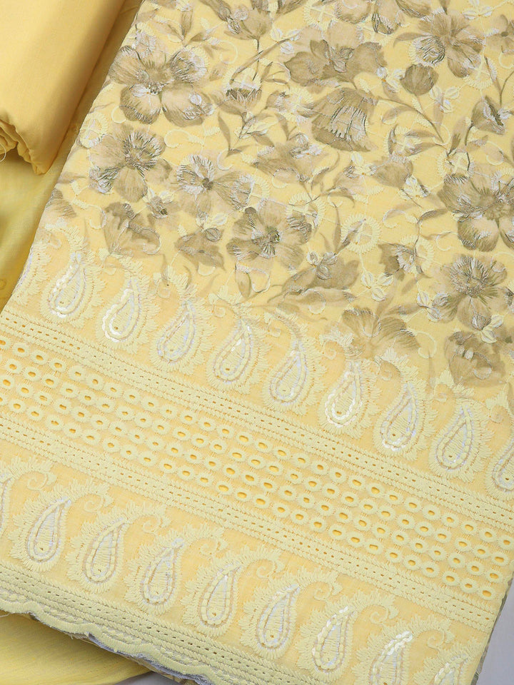 Yellow Printed Cotton Blend Unstitched Dress Material