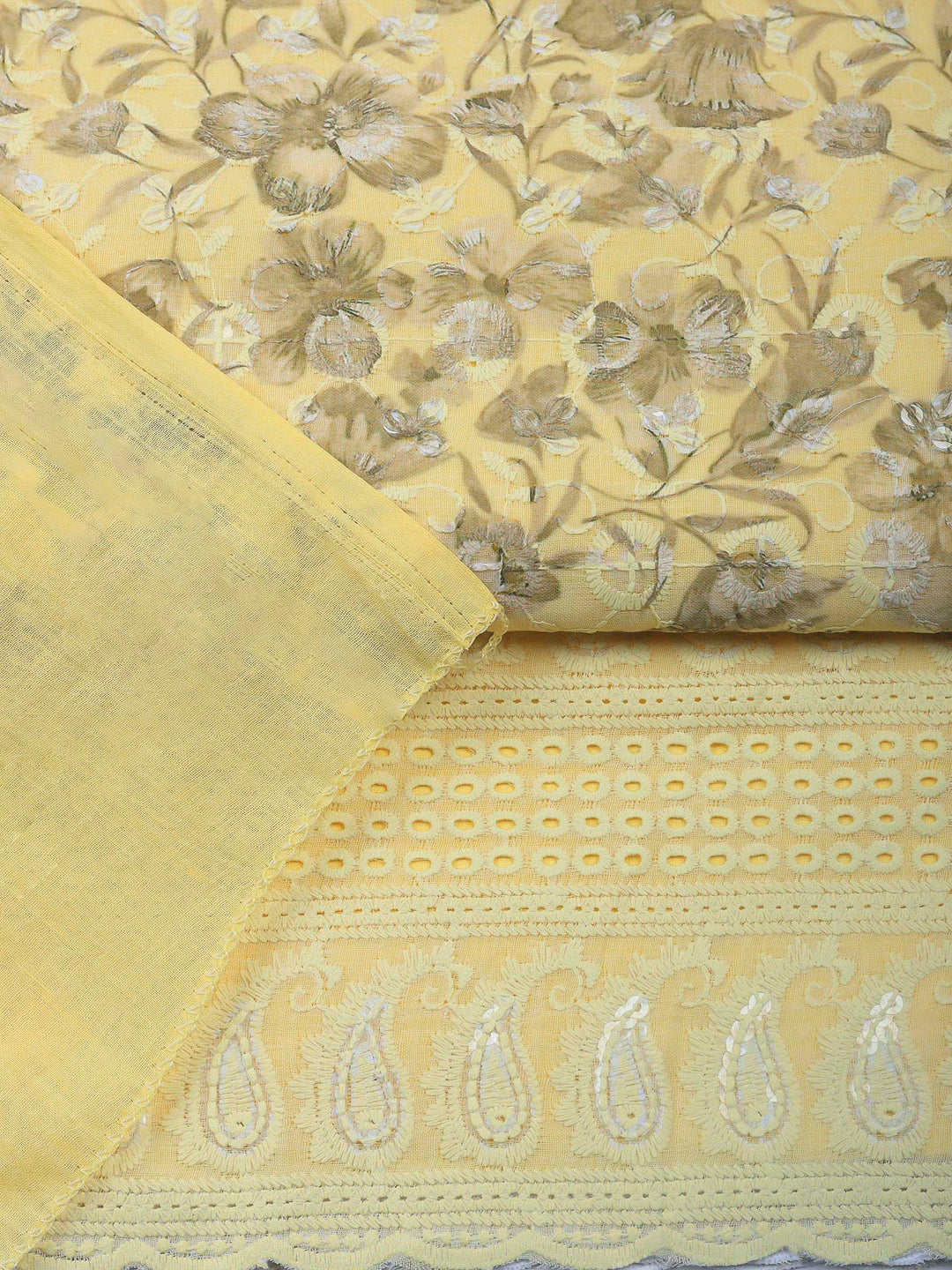 Yellow Printed Cotton Blend Unstitched Dress Material