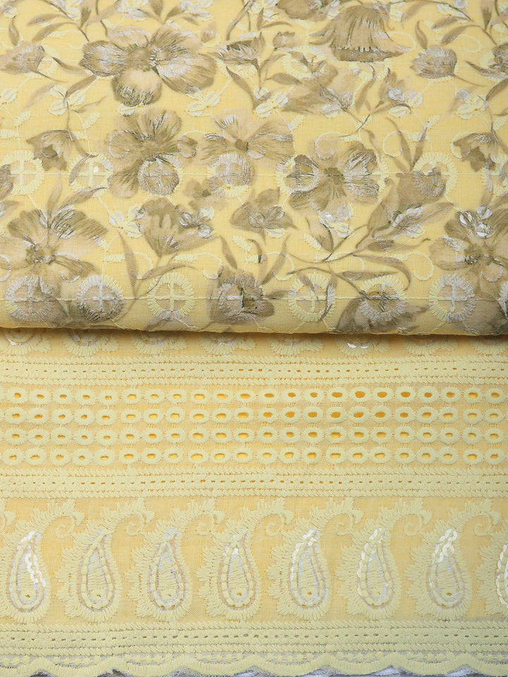 Yellow Printed Cotton Blend Unstitched Dress Material
