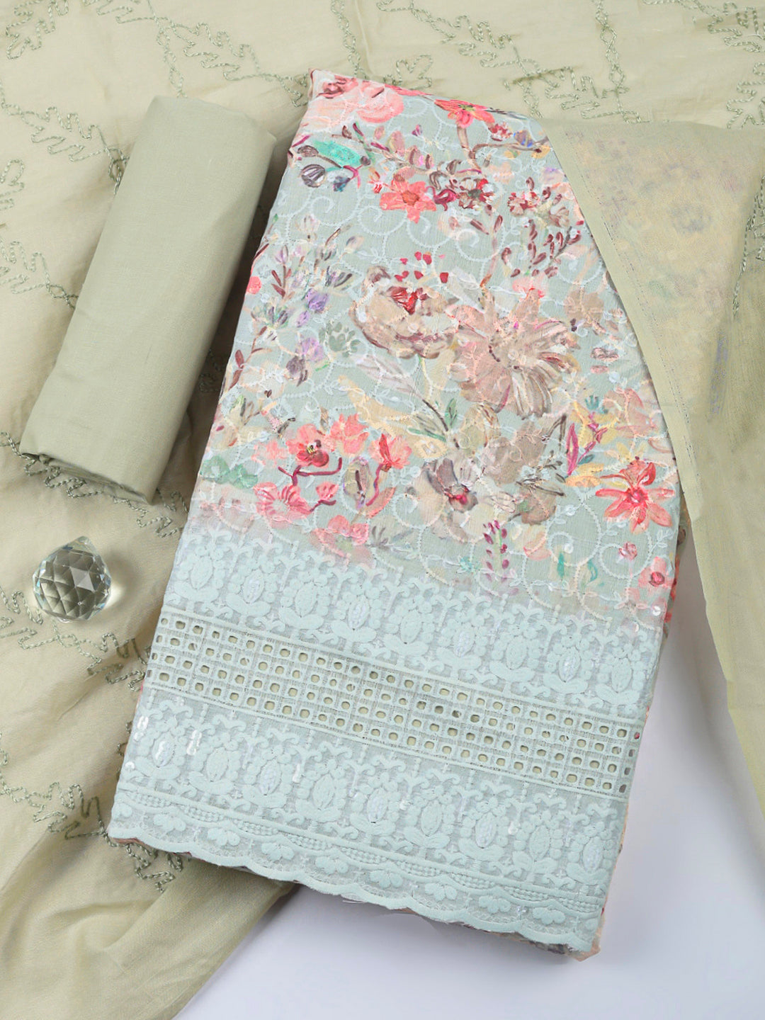 Aqua Printed Cotton Blend Unstitched Suit &amp; Pant With Cotton Dupatta