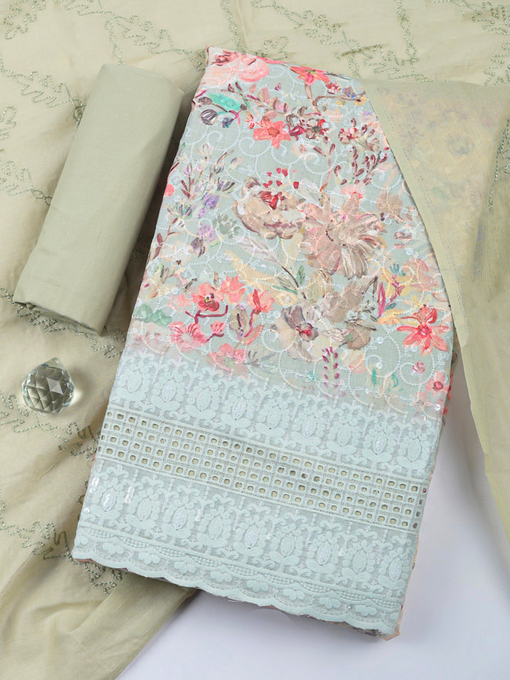 Aqua Printed Cotton Blend Unstitched Suit &amp; Pant With Cotton Dupatta