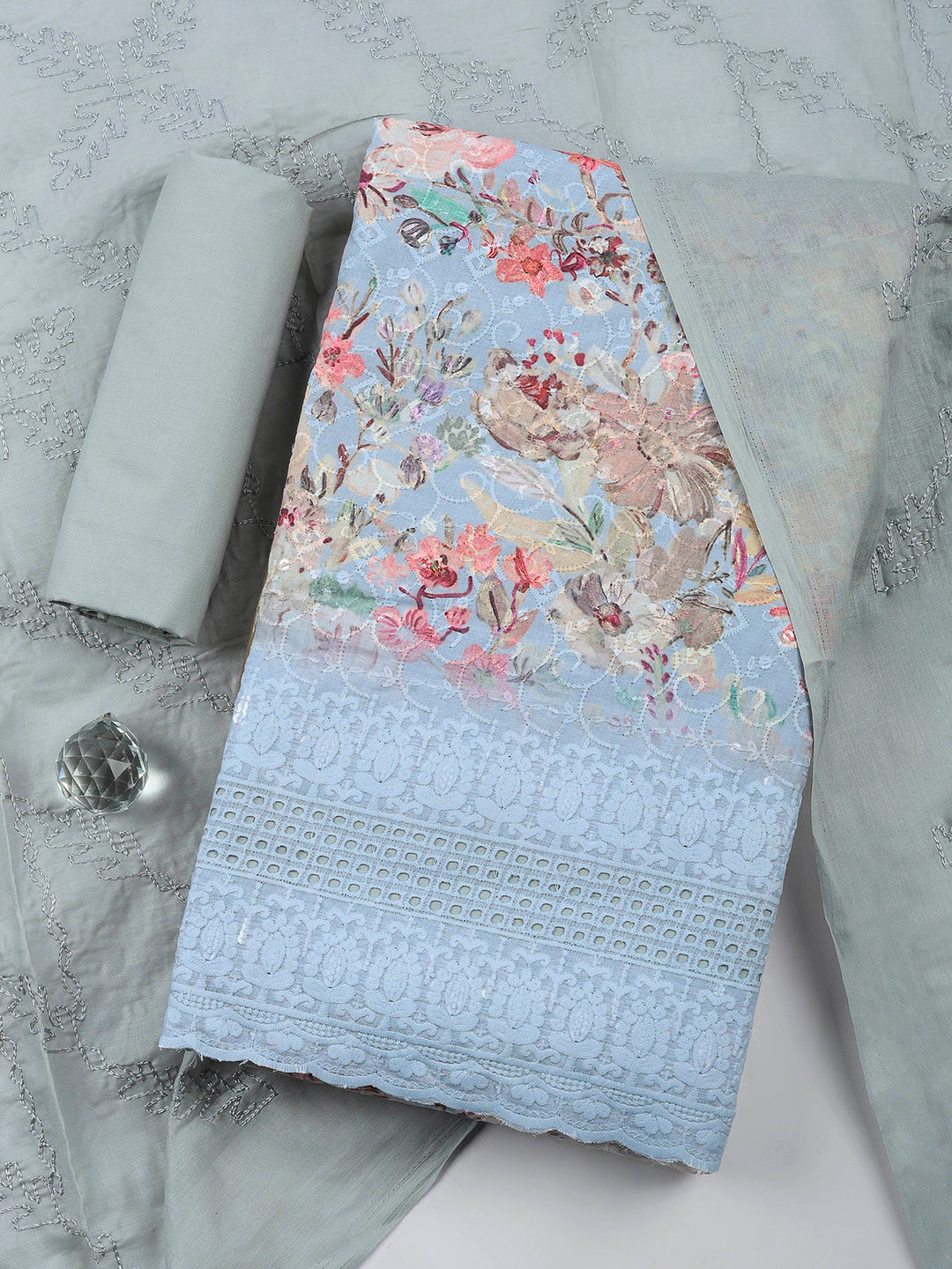 Grey Printed Cotton Blend Unstitched Suit &amp; Pant With Cotton Dupatta
