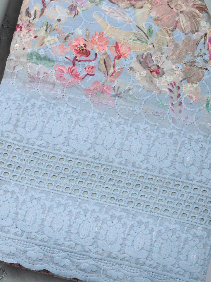 Grey Printed Cotton Blend Unstitched Suit &amp; Pant With Cotton Dupatta