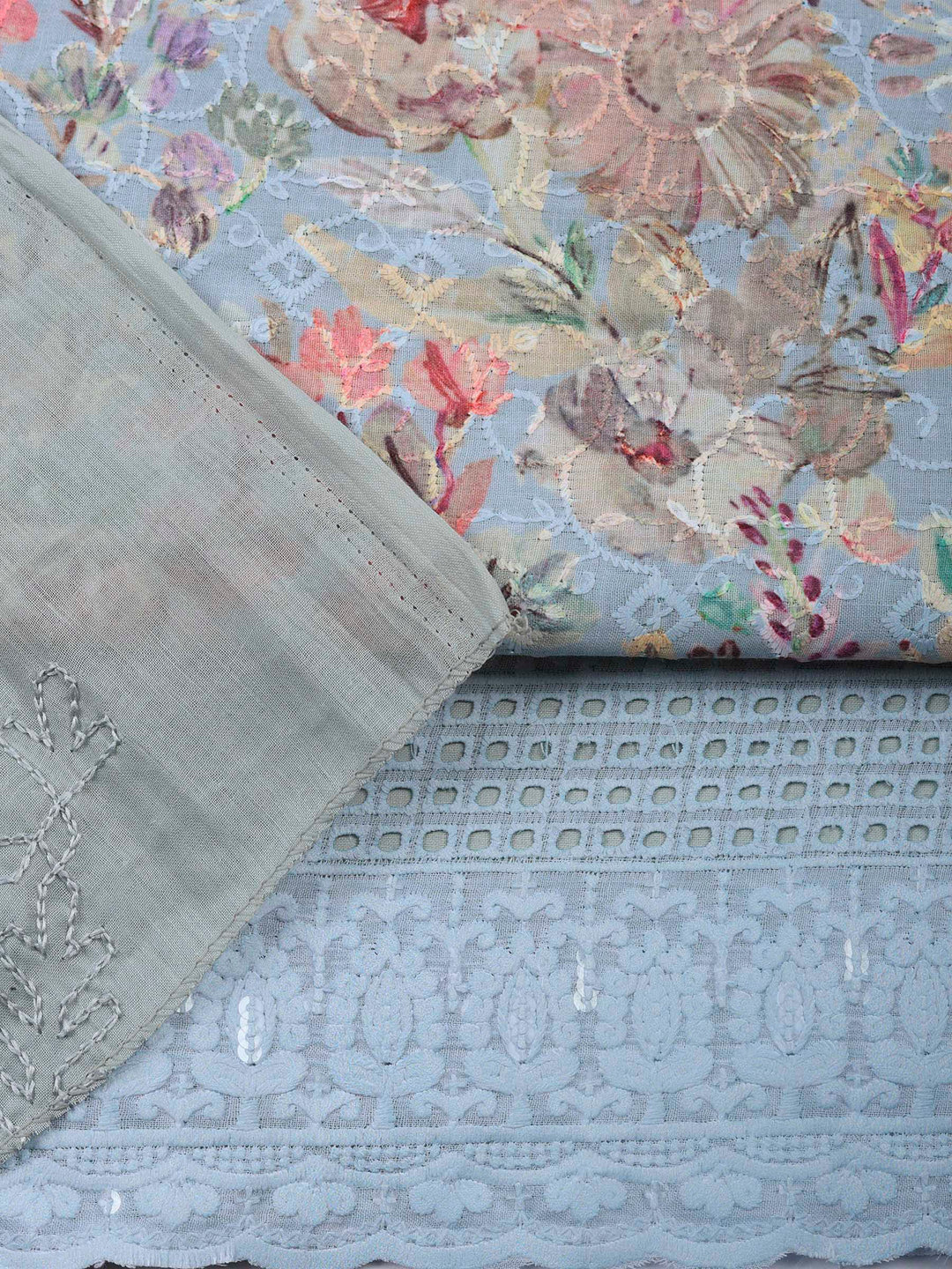 Grey Printed Cotton Blend Unstitched Suit &amp; Pant With Cotton Dupatta