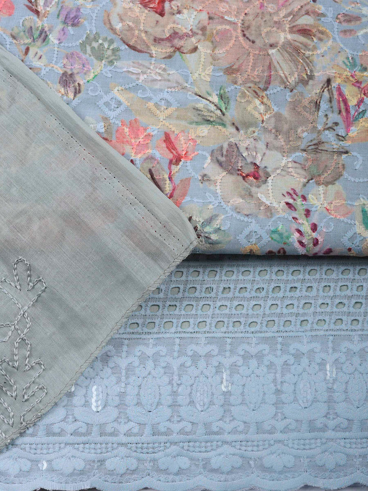 Grey Printed Cotton Blend Unstitched Suit &amp; Pant With Cotton Dupatta