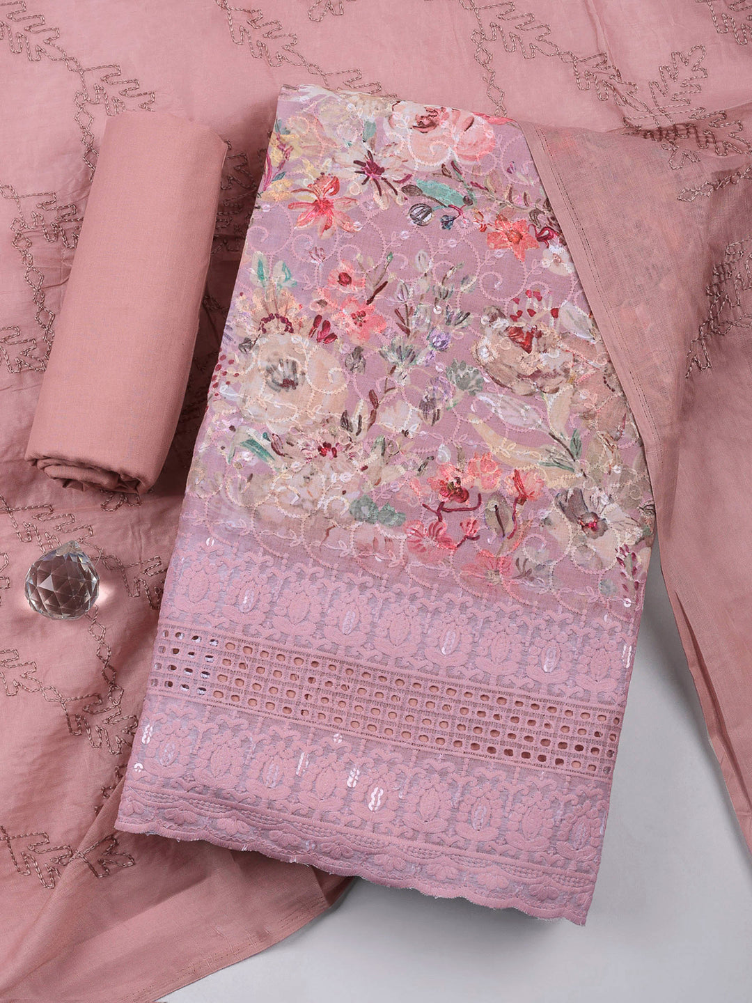 Onion Pink Printed Cotton Blend Unstitched Suit &amp; Pant With Cotton Dupatta