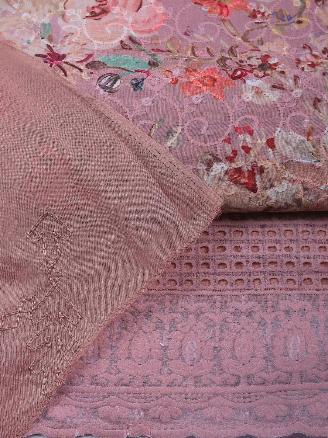 Onion Pink Printed Cotton Blend Unstitched Suit &amp; Pant With Cotton Dupatta