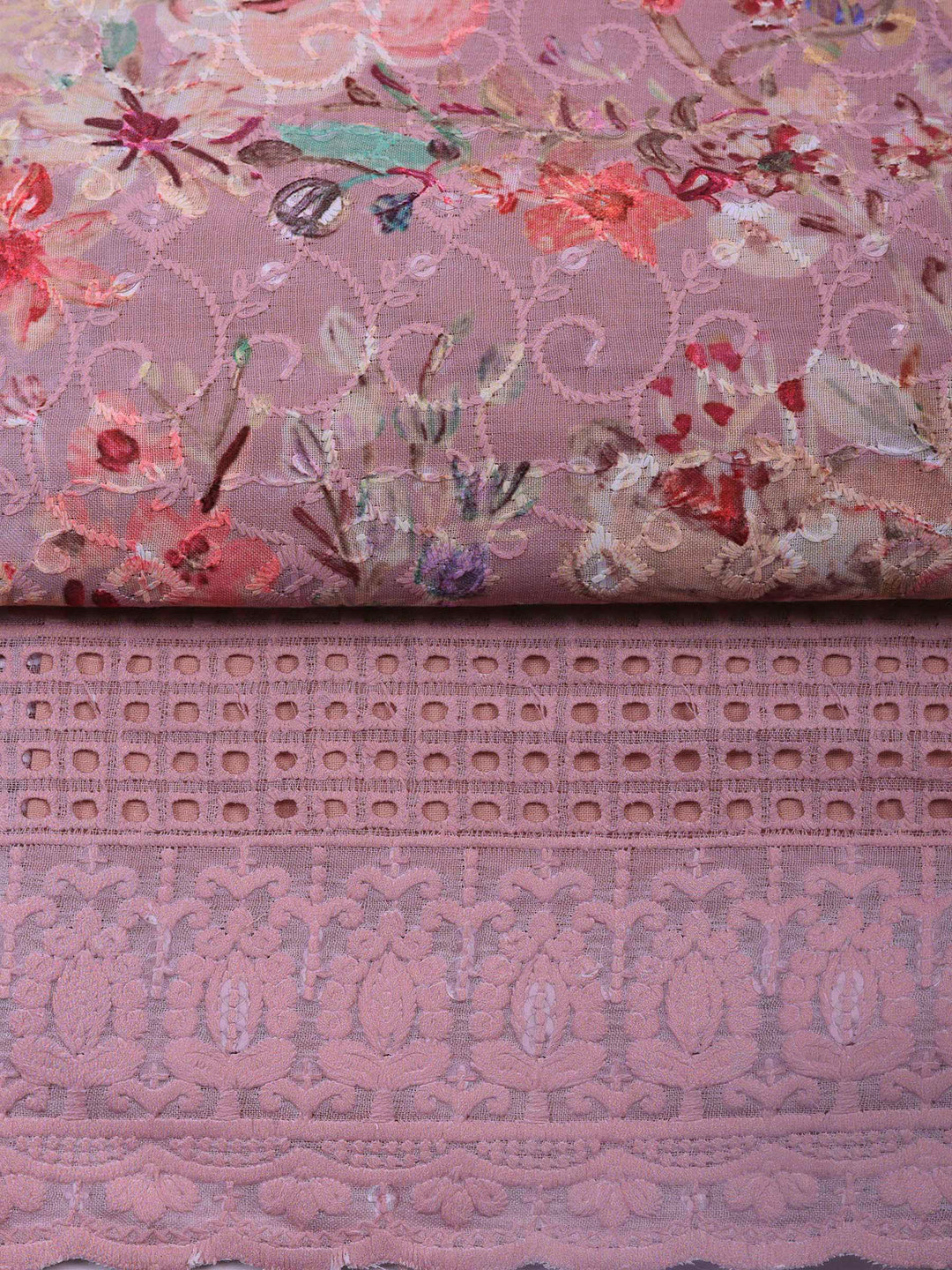 Onion Pink Printed Cotton Blend Unstitched Suit &amp; Pant With Cotton Dupatta
