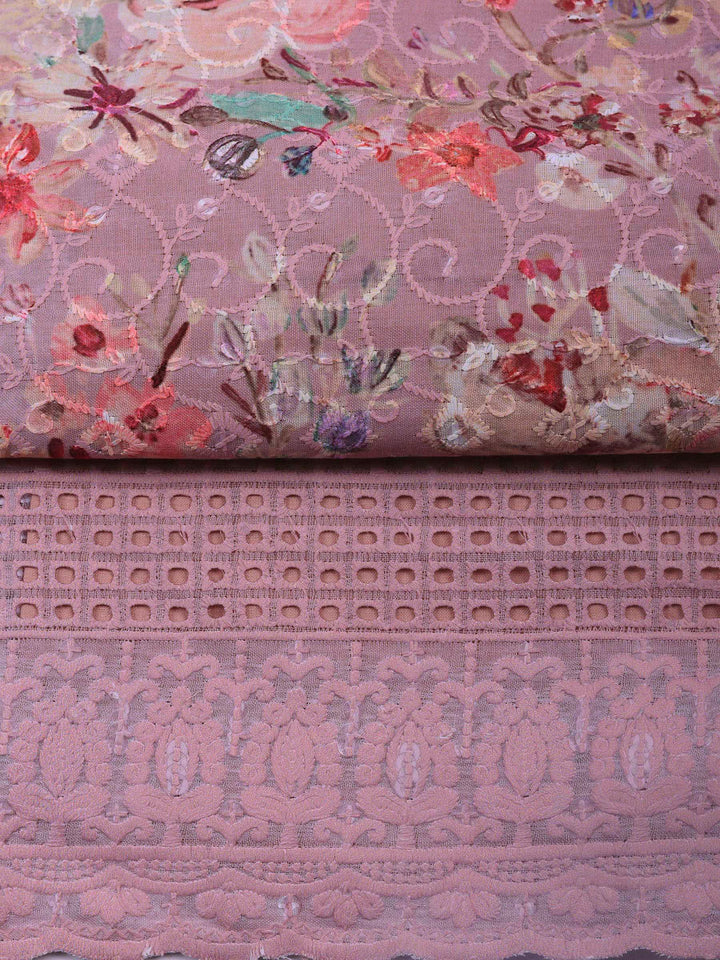 Onion Pink Printed Cotton Blend Unstitched Suit &amp; Pant With Cotton Dupatta