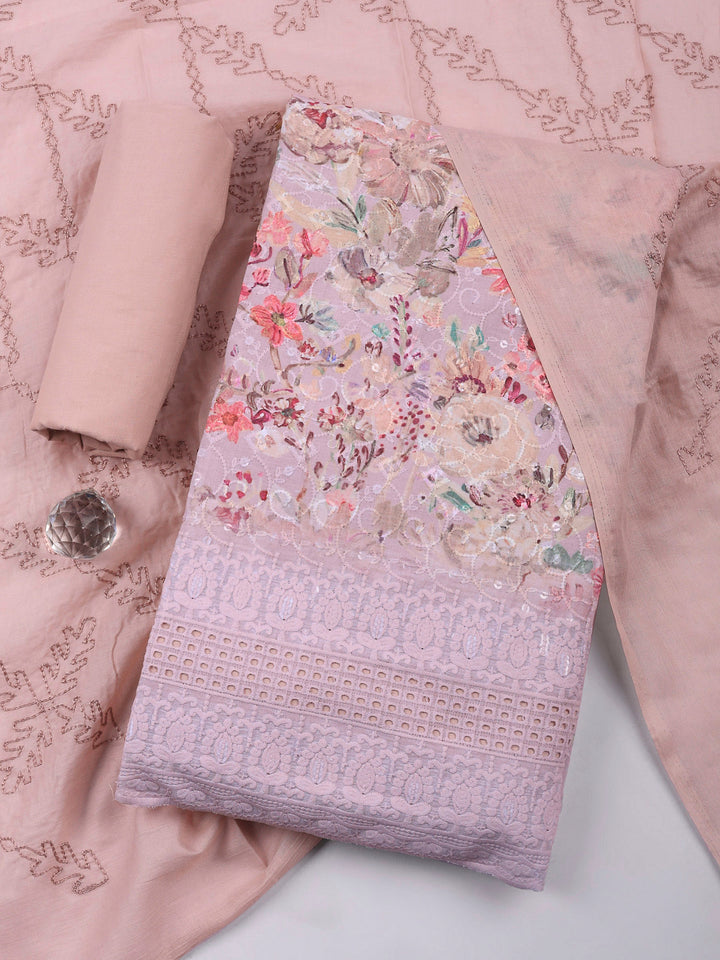Peach Printed Cotton Blend Unstitched Suit &amp; Pant With Cotton Dupatta