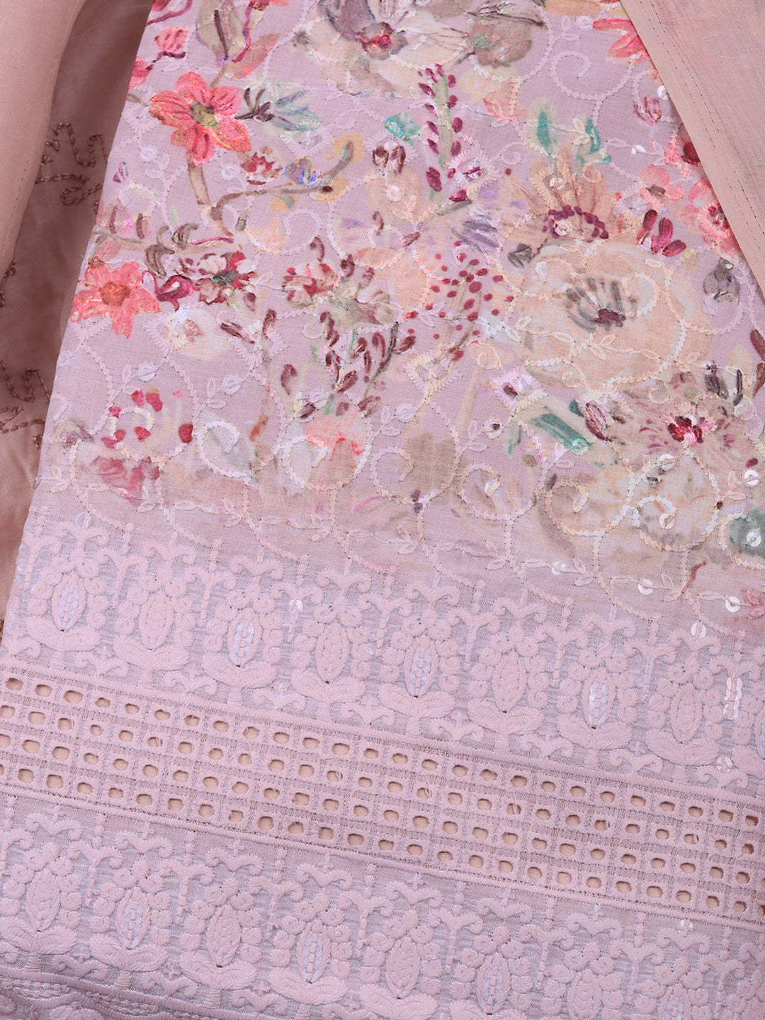 Peach Printed Cotton Blend Unstitched Suit &amp; Pant With Cotton Dupatta