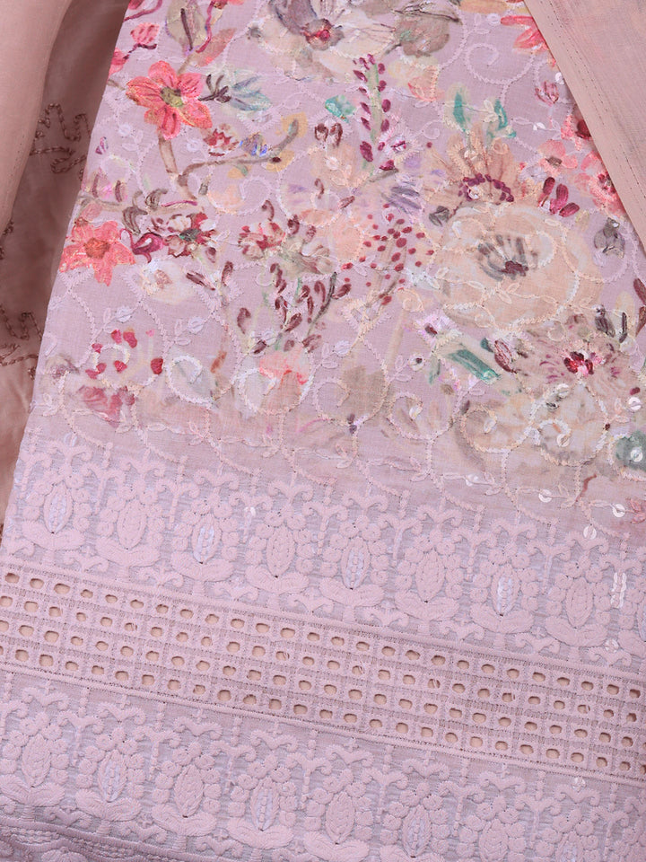Peach Printed Cotton Blend Unstitched Suit &amp; Pant With Cotton Dupatta